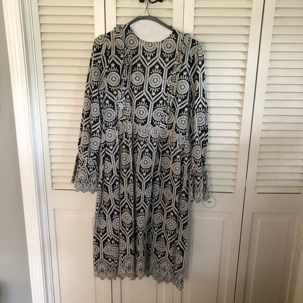 Navy and White Midi Dress with Open Back